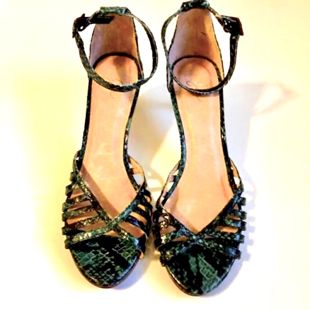 New JOIE Caged Open-toe Sandal Pumps Emerald Snakeskin Leather Kitten Heel 7 - Picture 6 of 11